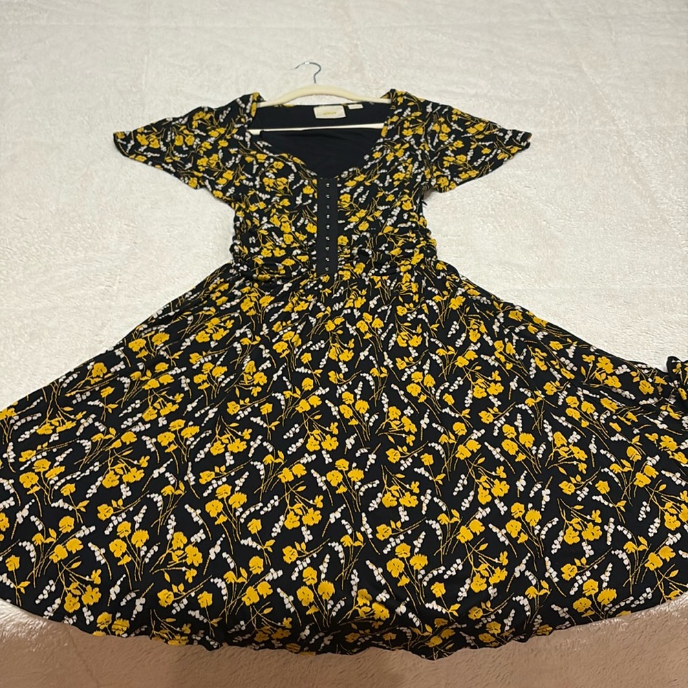 Maeve by Anthropologie Black and Yellow Floral Swing Dress in SMALL
